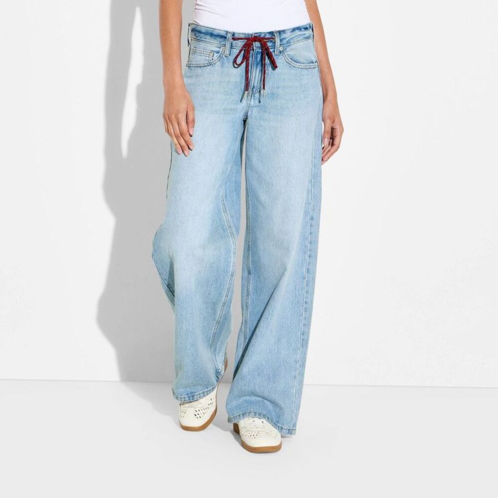 Women's Ultra Low-Rise Baggy Jeans - Wild Fable Light Wash + Drawstring 2
